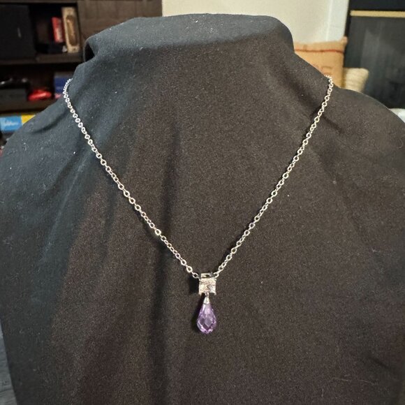 Laila Rowe Silver Tone Necklace W/Purple Teardrop & Clear Crystal Pendant 14" - Picture 1 of 10